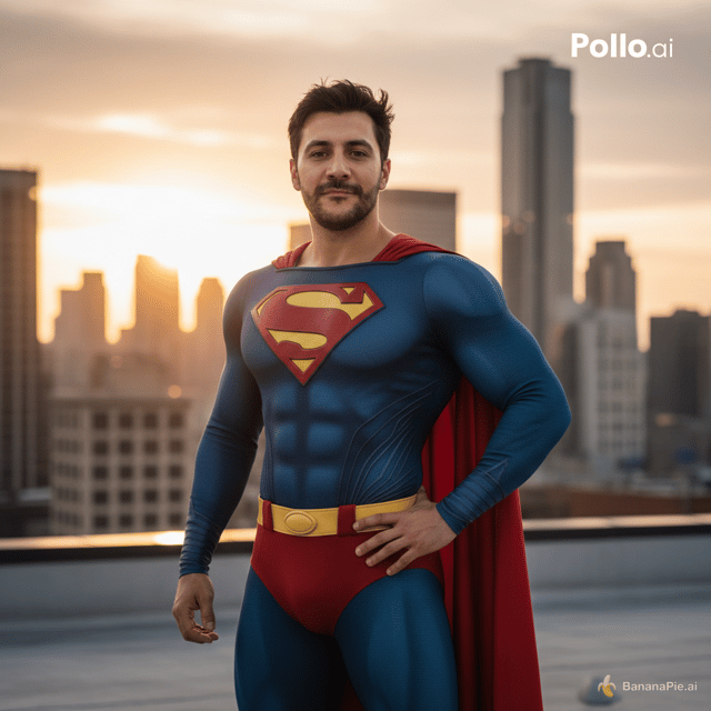 inserisci questa persona a figura intera con l'abito di superman. Trasforma la foto caricata in una fotografia professionale non un'immagine generata dall'IA. Mantieni il viso, la struttura facciale, la tonalità della pelle, l'acconciatura e l'identità riconoscibili e naturali ombre realistiche, punti luce morbidi, colori naturali,. Fai in modo che sembri un'autentica fotografia scattata da un fotografo professionista,