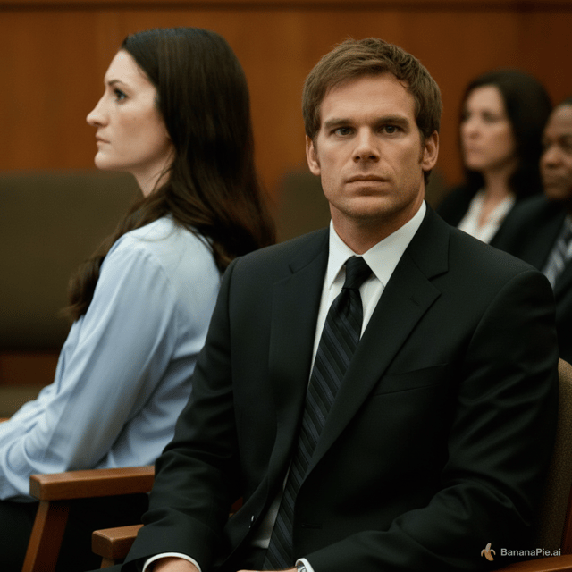 have dexter morgan sitting next to this woman on her right, looking at the camera, only slightly blurred out, show no emotion in his face, just staring into the camera, with a suit on