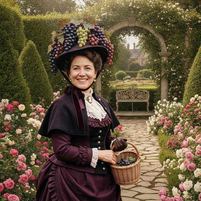 a woman in 19th-century clothing with a grape cluster hat in the garden