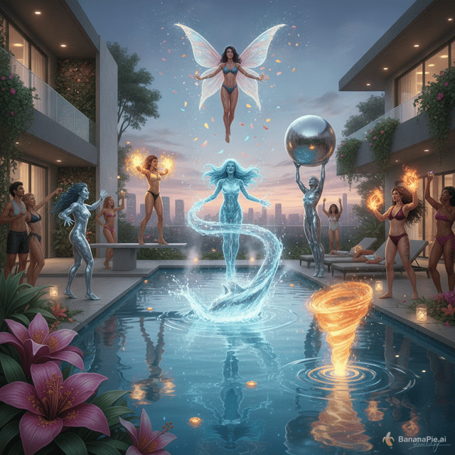 Mutant superhero women showing off their powers at a summer pool party