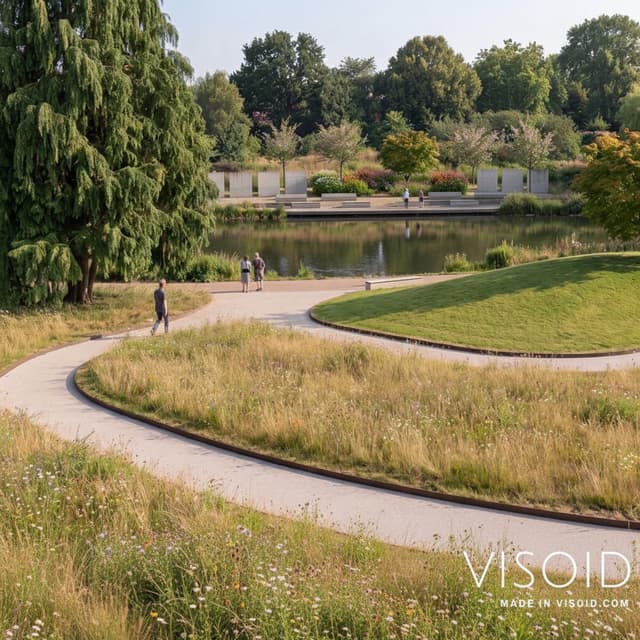 The image can be made even better if in the uphill behind  the concret square slabs are all laid down horizontally. On the right where two persons walk there is no pathway
