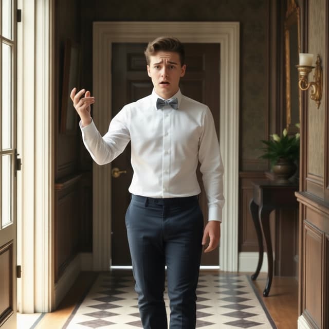 change the image to him standing there without the vest, He makes an argumentative hand gesture.
