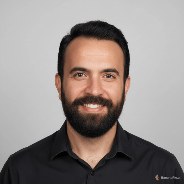 Edit this photo into a professional CV headshot. Keep his face, age, skin, wrinkles, beard and hair exactly the same. Do not change his facial features or make him look younger. Replace the background with a plain light grey background. Improve the lighting so it is soft and even. Make his clothing a neat dark collared shirt. Crop to head and shoulders, centered, facing the camera, square format, realistic photo style.