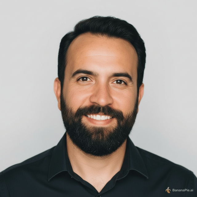 Edit this photo into a professional CV headshot. Keep his face, age, skin, wrinkles, beard and hair exactly the same. Do not change his facial features or make him look younger. Replace the background with a plain light grey background. Improve the lighting so it is soft and even. Make his clothing a neat dark collared shirt. Crop to head and shoulders, centered, facing the camera, square format, realistic photo style.The face changed. Keep his face 100% identical to the original photo and only change the background, lighting and clothes.