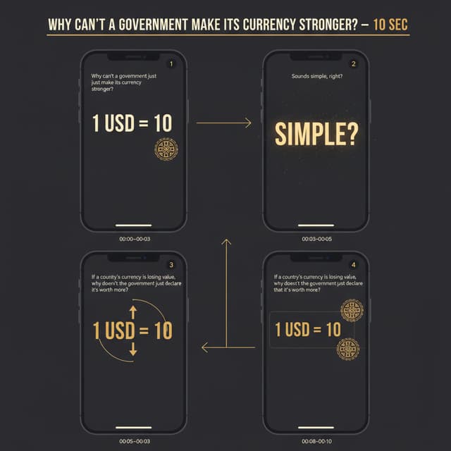 {
  "prompt": "Premium motion design storyboard, deep graphite background #0E0E10 everywhere, warm gold #C6A461 accents only, no other colors. Bold cream-white title 'WHY CAN'T A GOVERNMENT MAKE ITS CURRENCY STRONGER? — 10 SEC' with a thin warm gold underline. 4 iPhone 14 Pro mockups in a clean grid, dark graphite bezels, small gold circle number badges. NO people, NO presenter, NO faces, NO silhouettes anywhere in any panel — pure motion graphics only. All content in top 70% of each phone, bottom 30% always empty graphite. Every spoken phrase appears verbatim as a caption, with one single caption zone per panel.

Panel 1 (00:00–00:03) SPLIT CHOICE: cream-white caption 'Why can't a government just make its currency stronger?' in one single TOP caption block, below it a clean foreign-exchange graphic showing '1 USD = 10' in large cream-white numbers with a gold currency symbol and a government-style gold announcement seal, pure infographic, no people.

Panel 2 (00:03–00:05) FULLSCREEN KEY WORD: small cream-white caption 'Sounds simple, right?' directly above MASSIVE bold gold 'SIMPLE?' centered, soft warm glow, subtle gold particle dust drifting, the question mark gently oscillating.

Panel 3 (00:05–00:08) NUMBER HERO: cream-white caption 'If a country's currency is losing value, why doesn't the government just declare that it's worth more?' above a giant gold '1 USD = 10' centered, thin gold progress arc drawing around the number, small downward currency-value arrow morphing into an upward gold arrow.

Panel 4 (00:08–00:10) FULLSCREEN CONTENT / DIAGRAM: the exchange-rate card morphs from '1 USD = 10' toward a new official rate, gold government announcement seal slides into place, cream-white caption remains exactly 'If a country's currency is losing value, why doesn't the government just declare that it's worth more?', ending with the new number field ready to transform into the next panel.

Gold timing stamps under phones. Thin gold arrows between panels. Deep graphite everywhere, warm gold accents only, NO people/faces/presenter/silhouettes anywhere, bottom 30% empty, pure voice-over motion graphics.",
  "aspect_ratio": "9:16",
  "layout": "storyboard_grid",
  "panels": "4",
  "consistency": "deep graphite #0E0E10 background, warm gold #C6A461 accents only, NO people/faces/presenter/silhouettes anywhere, bottom 30% empty, every spoken word present verbatim as a caption, one caption zone per panel, pure voice-over motion graphics"
}