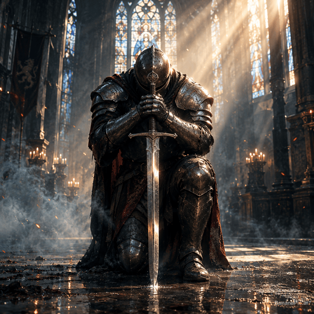 Ultra-realistic cinematic album cover depicting a solitary medieval knight in dark steel plate armor, kneeling on cold stone in a cathedral at dawn. The knight holds a gleaming steel sword vertically before his face in a solemn oath. Rays of volumetric morning sunlight filter through high gothic stained-glass windows, illuminating dust particles and floating smoke. Moody, dramatic contrast, highly detailed metal texture, rain and embers atmosphere. Photorealistic, 8k, cinematic color grading, no text.