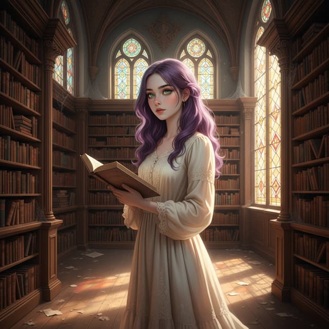 une fille adolescente qui a des yeux émeuraudes, des cheveux de couleur améthistes et la peau un peu plus pale que beige et sans aucun défaut. Elle est dans une bibliothèque.