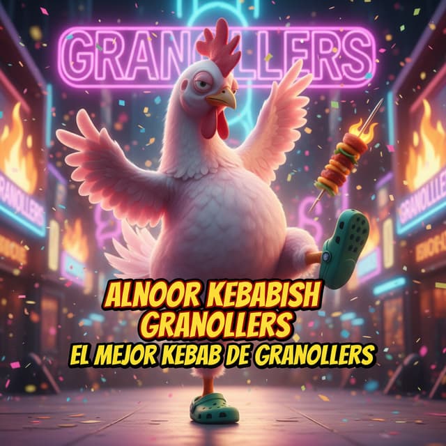 haz un video de un pollo sin pelo i con croocs diciendo alnoor kebabish granollers el mejor kebab de granollers mientras baila