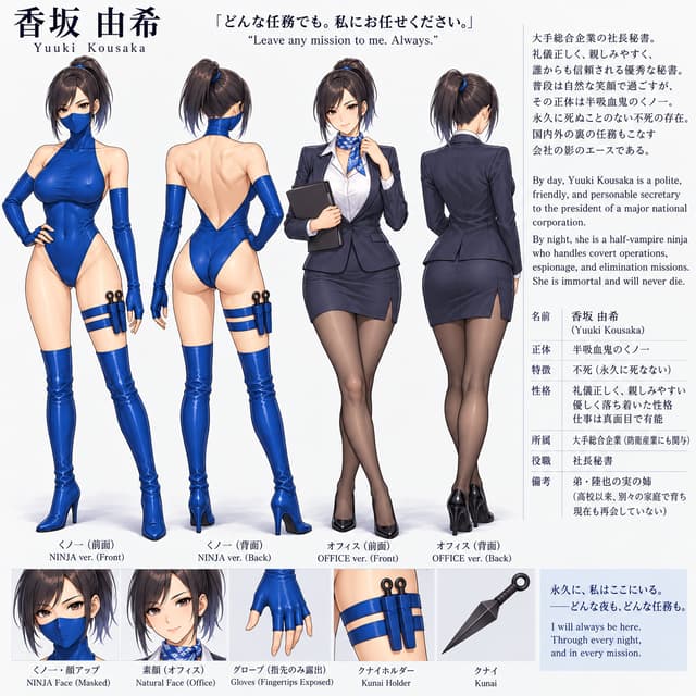 Please adjust the face to its proper position and scale it to match the body; also, pose the character in a standing position. Her face has a composed expression, without her eyebrows raised.She radiates confidence, wearing a cool, composed, and relaxed expression that suggests a gentle nature.Front and back views of the character art.Perhaps because she's at ease, she strikes a stylish pose.Gloves that leave only the fingertips exposed on both hands.Even in her ninja attire, the corners of her mouth are relaxed.She is immortal and will never die.She is a half-vampire female ninja wearing a backless, halter-neck leotard made of vibrant blue fabric—designed so that no cleavage is visible—and has her hair tied back in a compact ponytail. Her mouth is concealed by a blue, stretchy fabric face cover that wraps around the back of her head. She wears no sash or belt. She sports high-heeled boots that extend above the knee and a kunai holder on one thigh. She wears blue gloves on both arms that reach above the elbows. In her public life, she is 香坂由希(Yuuki Kousaka), a polite, friendly, and personable secretary to a company president at a major national corporation; she appears with her natural face, dressed in an office suit with a scarf tied around her neck to cover her chest beneath an open-collared blouse.Front and back views as a ninja, and front and back views in the office.Even in her ninja attire, her mouth and brows are relaxed, and she wears a fearless smile.She is a cheerful woman with a lovely smile, as well as being energetic and sporty. Serious and capable of handling anything with ease, she possesses both intelligence and beauty.Her bangs are at eyebrow level.
This story takes place in a new nation formed on newly emerged islands in the Southern Hemisphere—a country that developed rapidly after the islands rose from the sea fifty years ago, thanks to a joint effort by nations like China, Japan, and the United States to provide both population and capital. The woman in question is the one who served tea to the protagonist, Ryoji, when he met the company president on the upper floors of a corporate skyscraper. She handles the top executive's menial tasks while also taking care of dirty work and covert operations behind the scenes. Yet, when she met Ryoji on the top floor, she betrayed none of that side of herself; instead, she hosted him with a composed, cool demeanor and occasional smiles. Incidentally, she is also the older sister of Rikuya, Ryoji’s partner.She and her younger brother were taken in by different households and haven't seen each other since high school. Ryoji is unaware that she is his partner's biological sister, and his partner is unaware that he has met her.The company she belongs to is the second-largest in the country and is also involved in the defense industry.She is tasked with stealing information from rival companies and eliminating adversaries.She typically maintains a cool, composed demeanor and projects an air of intelligence.She appears frequently in the middle of the story.
