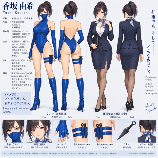 Please adjust the face to its proper position and scale it to match the body; also, pose the character in a standing position. Her face has a composed expression, without her eyebrows raised.She radiates confidence, wearing a cool, composed, and relaxed expression that suggests a gentle nature.Front and back views of the character art.Perhaps because she's at ease, she strikes a stylish pose.Gloves that leave only the fingertips exposed on both hands.Even in her ninja attire, the corners of her mouth are relaxed.She is immortal and will never die.She is a half-vampire female ninja wearing a backless, halter-neck leotard made of vibrant blue fabric—designed so that no cleavage is visible—and has her hair tied back in a compact ponytail. Her mouth is concealed by a blue, stretchy fabric face cover that wraps around the back of her head. She wears no sash or belt. She sports high-heeled boots that extend above the knee and a kunai holder on one thigh. She wears blue gloves on both arms that reach above the elbows. In her public life, she is 香坂由希(Yuuki Kousaka), a polite, friendly, and personable secretary to a company president at a major national corporation; she appears with her natural face, dressed in an office suit with a scarf tied around her neck to cover her chest beneath an open-collared blouse.Front and back views as a ninja, and front and back views in the office.Even in her ninja attire, her mouth and brows are relaxed, and she wears a fearless smile.She is a cheerful woman with a lovely smile, as well as being energetic and sporty. Serious and capable of handling anything with ease, she possesses both intelligence and beauty.Her bangs are at eyebrow level.
This story takes place in a new nation formed on newly emerged islands in the Southern Hemisphere—a country that developed rapidly after the islands rose from the sea fifty years ago, thanks to a joint effort by nations like China, Japan, and the United States to provide both population and capital. The woman in question is the one who served tea to the protagonist, Ryoji, when he met the company president on the upper floors of a corporate skyscraper. She handles the top executive's menial tasks while also taking care of dirty work and covert operations behind the scenes. Yet, when she met Ryoji on the top floor, she betrayed none of that side of herself; instead, she hosted him with a composed, cool demeanor and occasional smiles. Incidentally, she is also the older sister of Rikuya, Ryoji’s partner.She and her younger brother were taken in by different households and haven't seen each other since high school. Ryoji is unaware that she is his partner's biological sister, and his partner is unaware that he has met her.The company she belongs to is the second-largest in the country and is also involved in the defense industry.She is tasked with stealing information from rival companies and eliminating adversaries.She typically maintains a cool, composed demeanor and projects an air of intelligence.She appears frequently in the middle of the story.Please adjust the positions of the left and right holders and the scarf tying position in the back view to the opposite sides of the front view to ensure consistency.