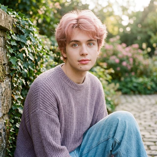A young man, 20, fluffy, rose colored hair and a mole below my pillowy lips. bright, round, innocent golden eyes sparkle with flecks of blue in the light. fair skin like a dolls and an androgynous yet alluring, curvy body
