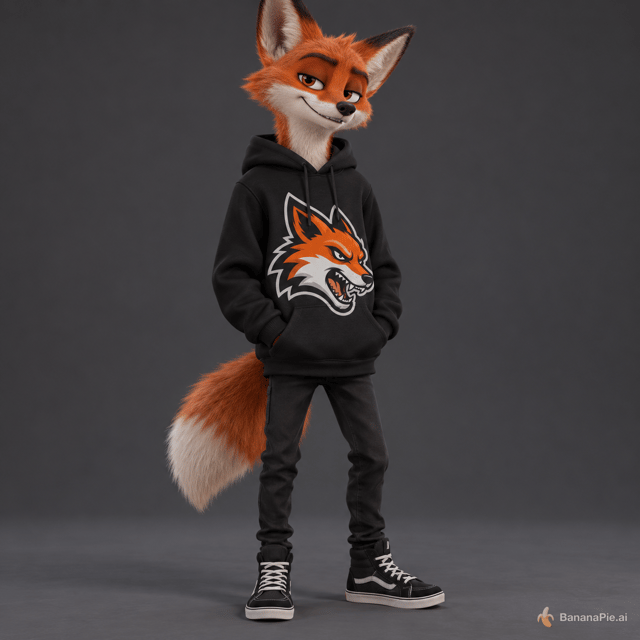 Create a kinda skinny 3d animated fox character wearing a 100% polyester black hoodie with a huge custom hockey jersey logo of a snarling cartoon fox head on the front center around where the stomach is (it's solid like a hockey logo too)