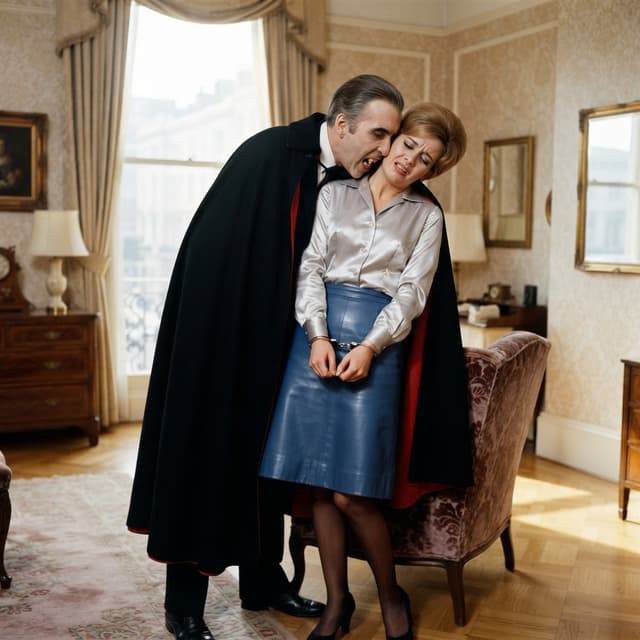 **Christopher Lee als ** als Dracula beißt im sehr hell erleuchteten Hotelzimmer  Casey Jean Parker  in glänzender festlicher silberner Satinbluse  und   glänzenden blauen Lederrock   der Handschellen angelegt wurden   in den Hals.  Fotoqualität        Farbe heller Hintergrund ganzer Körper