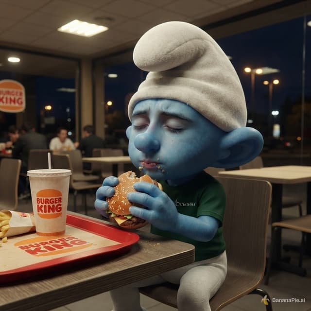 pon la cara de este tio en el cuerpo de un pitufo comiendo en un burger king de noche