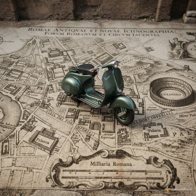 su questa foto, voglio inserire la famosa vespa 98 con un effetto particolare, come se la piantina fosse il pavimento su cui poggia la mitica vespa