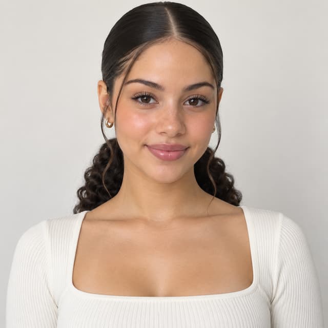 Girl with a thick, sleek low curly ponytail. All of her hair should be behind her body and her hair should be visible on both sides of her neck. This is a front view of the girl. Make the hair sleeker and her ponytail thicker.
