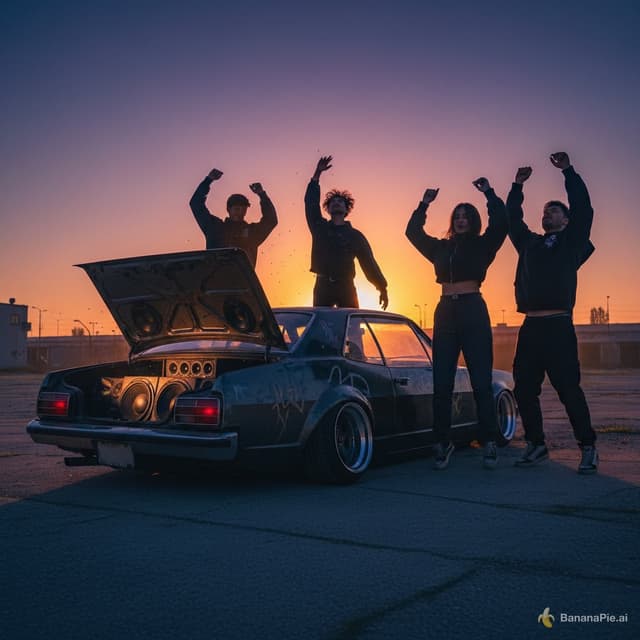 A hyper-realistic cinematic photograph of a classic old car heavily customized for an underground hard rave, parked in an abandoned open lot at dawn. The camera is positioned at a dramatic rear three-quarter angle, with the trunk fully open and packed with huge powerful speakers and subwoofers, clearly visible and dominating the scene.
The car has a distinctive retro design, lowered suspension, wide wheels, customized bodywork, dark metallic paint, subtle graffiti details and realistic signs of wear, creating an authentic underground street-rave aesthetic.
It is early morning just after sunrise. The sky transitions from deep blue and purple to intense orange and golden tones on the horizon. Dust and light haze float through the air, catching the first sunlight.
Around the open trunk, four adults — two men and two women — are dancing with intense, explosive rave energy. They are caught mid-movement: jumping, throwing their arms into the air, moving their bodies energetically and reacting to the heavy bass coming from the speakers. Their poses are dynamic, spontaneous and believable, creating the feeling of a peak-energy hard dance rave rather than a casual party.
Their clothing is modern underground rave and streetwear: dark oversized clothing, sneakers, futuristic accessories and subtle reflective details. Their expressions show excitement and adrenaline.
The abandoned lot features cracked concrete, gravel, industrial buildings and urban structures in the distance. The massive speakers appear to be blasting music, with subtle visual vibration and dust movement around them.
Strong cinematic sunrise lighting, long shadows, warm orange highlights contrasting with cool blue shadows, realistic motion frozen in the photograph, energetic composition, natural human anatomy, authentic skin textures, gritty urban atmosphere, photorealistic, ultra-detailed, 8K, professional electronic music photography, high-energy underground rave aesthetic.