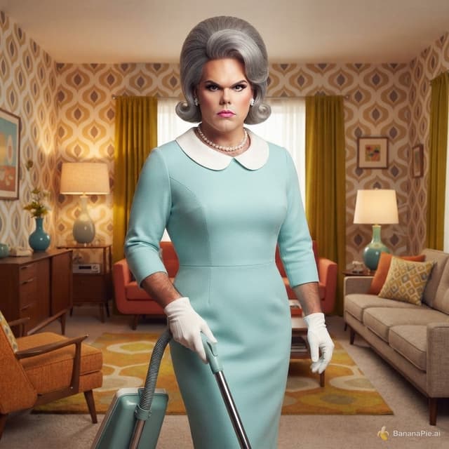 De corpo inteiro este homem todo produzido como se produziam as mulheres americanas nos anos 60 cabelo inclusive.