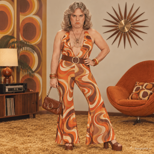 De corpo inteiro este homem todo produzido como se produziam as mulheres americanas nos anos 70 0 cabelo inclusive.