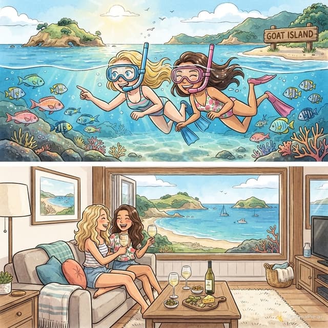 two best friends, one with blonde hair one with brunette hair snorkeling at goat island, drinking a glass of wine in a nice beach house, cartoon.