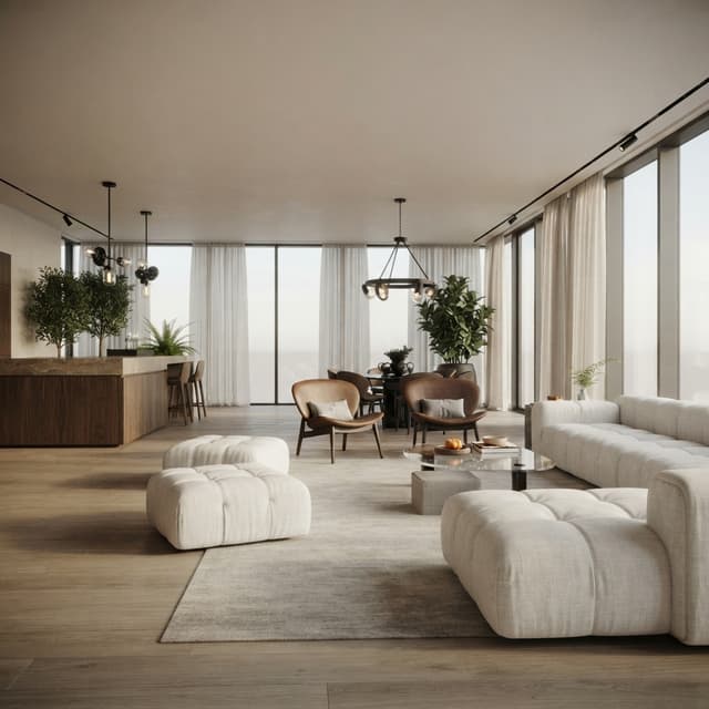 Transform this SketchUp interior model into an ultra-photorealistic architectural photograph. Preserve the exact original design, camera angle, perspective, room proportions, furniture placement, ceiling height, windows, doors, cabinetry, lighting fixtures, plants, and all architectural elements — do not redesign or change the layout.
Replace the basic SketchUp materials with realistic high-end materials: flooring with subtle grain variation, realistic wood cabinetry, soft textured upholstery, natural stone surfaces, detailed glass, metal and fabric textures. Add realistic material imperfections, fine surface details, accurate reflections, subtle roughness, and natural variations.
Create a real residential interior photography look, as if photographed by a professional architectural photographer using a full-frame DSLR camera and a high-quality wide-angle lens. Natural daylight entering through the large windows, realistic indirect ambient light, soft sunlight, accurate global illumination, physically correct shadows, subtle contact shadows, realistic reflections and refractions.
Make the white sofa and furniture look like real fabric with visible textile texture and natural softness. Make the plants botanically realistic with individual leaves, natural color variation and realistic shadows. Add subtle styling details without changing the existing furniture arrangement.
Photorealistic exposure, realistic white balance, cinematic but natural lighting, realistic depth, physically accurate materials, subtle lens characteristics, natural contrast, soft highlights, realistic ambient occlusion, professional architectural photography, luxury contemporary interior, warm sophisticated atmosphere, extremely detailed, 8K, ultra-realistic, indistinguishable from a real photograph.
Most important: maintain the original SketchUp design exactly. Do not add, remove, move, resize, or redesign any architectural or furniture element. Only improve realism, materials, lighting, textures and photographic quality.