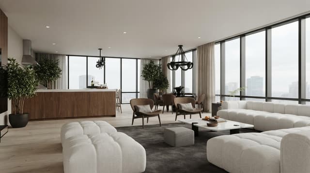 Transform this SketchUp interior model into an ultra-photorealistic architectural photograph. Preserve the exact original design, camera angle, perspective, room proportions, furniture placement, ceiling height, windows, doors, cabinetry, lighting fixtures, plants, and all architectural elements — do not redesign or change the layout.
Replace the basic SketchUp materials with realistic high-end materials: flooring with subtle grain variation, realistic wood cabinetry, soft textured upholstery, natural stone surfaces, detailed glass, metal and fabric textures. Add realistic material imperfections, fine surface details, accurate reflections, subtle roughness, and natural variations.
Create a real residential interior photography look, as if photographed by a professional architectural photographer using a full-frame DSLR camera and a high-quality wide-angle lens. Natural daylight entering through the large windows, realistic indirect ambient light, soft sunlight, accurate global illumination, physically correct shadows, subtle contact shadows, realistic reflections and refractions.
Make the white sofa and furniture look like real fabric with visible textile texture and natural softness. Make the plants botanically realistic with individual leaves, natural color variation and realistic shadows. Add subtle styling details without changing the existing furniture arrangement.
Photorealistic exposure, realistic white balance, cinematic but natural lighting, realistic depth, physically accurate materials, subtle lens characteristics, natural contrast, soft highlights, realistic ambient occlusion, professional architectural photography, luxury contemporary interior, warm sophisticated atmosphere, extremely detailed, 8K, ultra-realistic, indistinguishable from a real photograph.
Most important: maintain the original SketchUp design exactly. Do not add, remove, move, resize, or redesign any architectural or furniture element. Only improve realism, materials, lighting, textures and photographic quality.