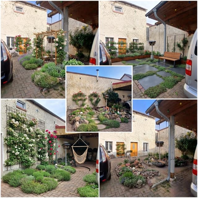 Die Fläche soll ein Rosengarten mit zB Duftthymian werden und ein gemütliches Flecken auf dem Hof werden. Die edelrosen sollen an die Hauswand. Kreire 5 mögliche Varianten