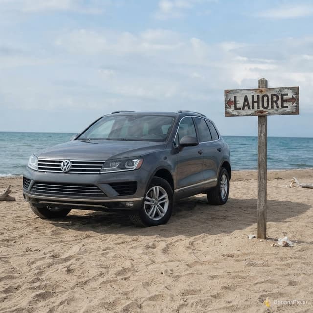 Do the same car in the image but make it on land (sand) and next to it a sign that says Lahore