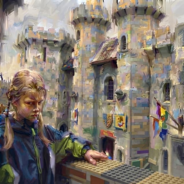 edit this art so castle looks more lego like, but keep the painting style
