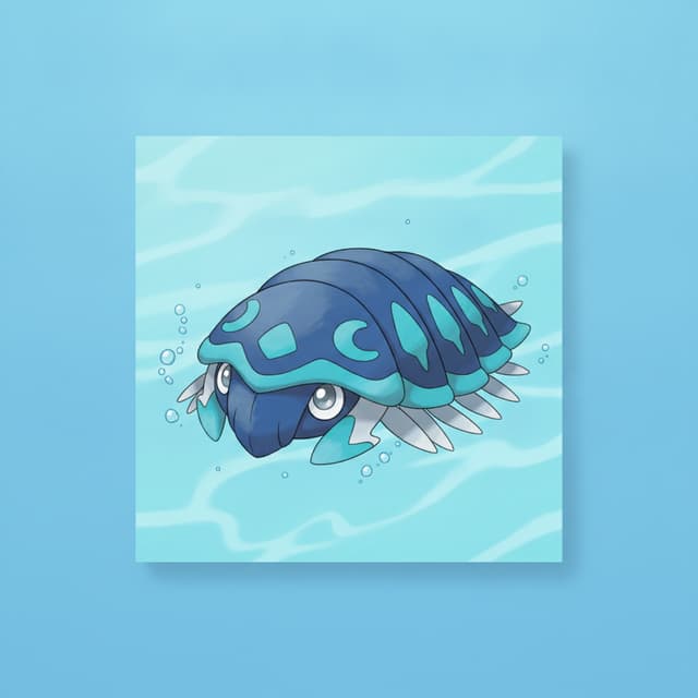 Subject: A detailed, clean-line digital illustration of a Water-type Trilobite Pokémon named 'Trilobyte'.
Style: The distinct, clean-line, cel-shaded art style of modern Pokémon Trading Card Game (TCG) illustrations (matching the 'Pincurchin-ex' card art in image_16.png). It must be a clean, standalone artwork.
Composition & Framing: The Trilobyte Pokémon is positioned centrally, facing slightly forward, within a perfectly clean, square-shaped window frame (identical to the art window in image_16.png). The background outside the window is a simple, textured, light-blue gradient, and the background inside the window is a clean, minimalist light cyan, with only subtle, abstract stylized water ripple patterns.
Character Details: Trilobyte has a complex, segmented carapace colored in deep sapphire blues, with brighter turquoise and cyan bioluminescent-like accents along the edges of its head shield (cephalon) and body segments (pleura). Its eyes are large, compound, and reflective, with a soft glow. Numerous intricate, delicate gill-legs are visible underneath its body, kicking up fine, stylized water particles and micro-bubbles (replacing the electrical sparks from the Pincurchin-ex art).
Important Negative Constraints:
NO TEXT of any kind (no artist signature, no card stats, no set logos).
NO CARD BORDERS (the image should be just the artwork, framed as described).
NO WATERMARK (the 'Illus. POQU' and 'SVPEN' credits are removed).
NO BACKGROUND CLUTTER (the background must be clean and minimalist, matching the original art).
Lighting & Finish: Bright, even, studio lighting. The final image must be a pristine, high-resolution digital artwork suitable for placement on a custom card.