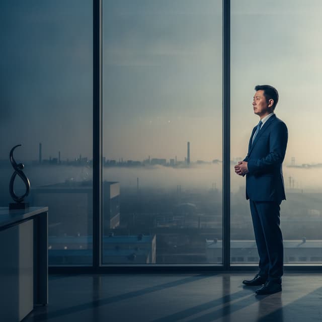 清晨，⼀位中国制造业⽼板站
在现代办公室的落地窗前，窗外是⼯业园区的朦胧景⾊，他正在认真思。不要出现任何⽂字或图标。真实摄影质感，专业、沉稳、有思考
感，深蓝与琥珀⾊电影级光线，⼈物位于画⾯⼀侧，画⾯中部保持⼲净、低细节，⽅便后期叠加
字幕，背景有⾃然景深，⽆品牌、⽆ Logo、⽆⽔印。