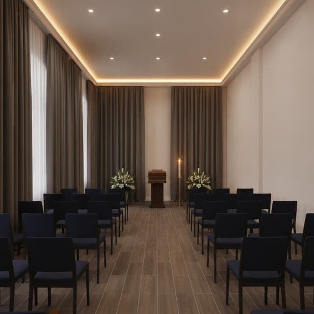 ciao ti allego una piantina di una casa funeraria, troverai le misure, l'altezza interna è di 2,70 m, l'unità immobiliare è suddivisa in 3 sale principali, la 1 la più grande è adibita ai riti religiosi con la sua sala d'attesa, la 2 e la 3 sono sale del commiato. l'azzurro indica che ci sono finestre, sono alte 2,60 m tranne una che è una finestrella con h davanzale 2 m, creami l'arredo partendo dalla chiusura delle finestrone all'interno della sala 1 con tendaggi adeguati per il luogo, posizionamento salma, sedie, decori come cero e predisponi un impianto di illuminazione con striscia a led