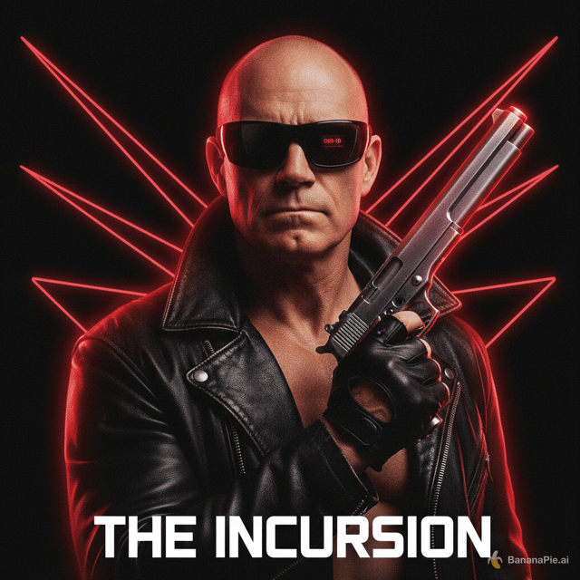 Photorealistic 1980s sci-fi movie poster, portrait orientation. A middle-aged man with a shaved head, matching the face in the reference photo exactly, staring straight at the camera with a stern, stoic expression. He wears black rectangular wraparound sunglasses with a small red digital HUD readout glowing on the lens. Worn black leather jacket open over a bare chest, fingerless black leather glove, holding a long-barrel pistol with a laser sight up near his shoulder. Pure black background with sharp red neon light streaks fanning out behind him like wings. Dramatic low-key lighting with a red-and-magenta rim glow on the skin, film grain, high contrast, and a cinematic 35mm look. Bold white futuristic wide-spaced title text at the bottom.