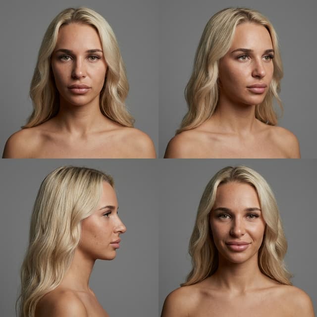 2x2 grid, 4-panel character reference sheet of the same woman from reference images, extremely consistent likeness, identical facial features, hairstyle, and lighting across all panels. Head and bare upper shoulders framing in every panel, solid grey background. SUBJECT: Use reference images. PANEL LAYOUT: - Top-left: front-facing - Top-right: 3/4 angle - Bottom-left: full side profile - Bottom-right: front-facing, smile - LIGHTING (relight from scratch, override any reference lighting): one broad diffused source from camera-left and slightly above, soft triangle of light on the shadow-side cheek, gentle light wrap across the face, no hard shadow edges, no rim light, no hair light, no kicker, low-contrast milky look. SKIN: subsurface scattering reading as semi-translucent living biology. Never plastic, never waxy AI render, never glass-skin, never harsh. Visible subtle natural skin imperfections: pores, fine lines, natural tone variations, faint texture on cheeks and chin. TECHNICAL: shot on an 85mm lens at f/8, raw uncompressed photography style, 8K resolution, hyper-realistic skin texture, high fidelity, photorealistic portrait, extremely consistent likeness, freckle pattern, and details across all four panels.