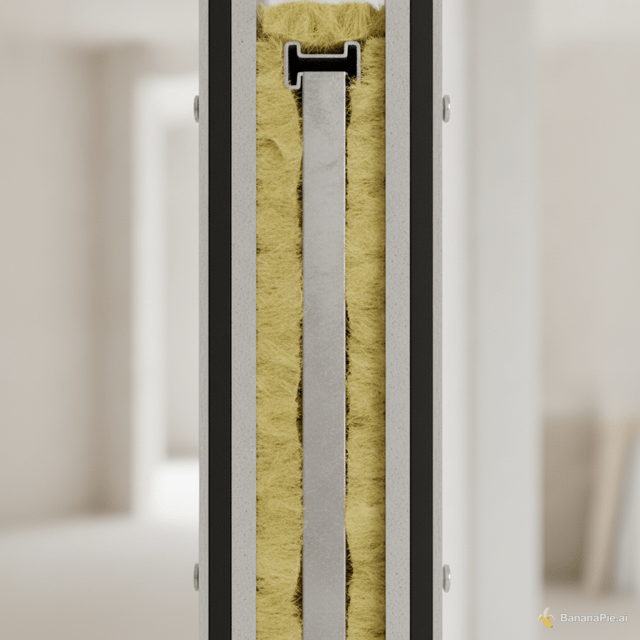 fammi una foto realistica di questa sezione così composta: montante 75mm per cartongesso all'interno la lana di vetro ed unalastra per lato composta da cartongesso da 12,5 ed  una massa elastomerica nera da 2,5mm