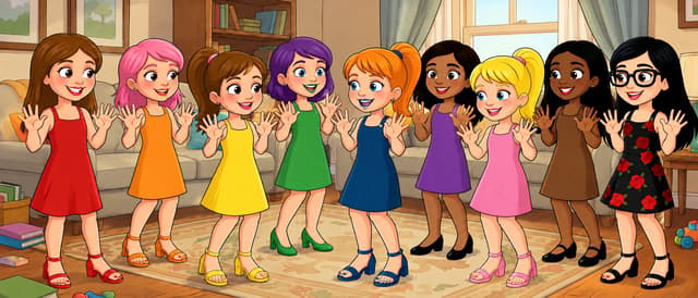 The cartoon girls all stay the same in the pic, but have five fingers on their hands only image fix and no blurry fingers and have their hands up and look at each other and the dark black skinned girl in the brown dress is wearing flat velcro black leather Mary Jane shoes with her feet in them matching the second pic and the girl in the orange dress has orange nail polish on her toenails, and the girl in the pink dress has light pink toenail polish on her toenails, and the girl in the yellow dress has yellow nail polish on her toenails @Create image