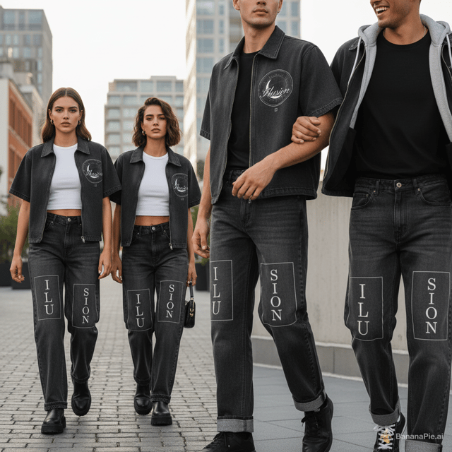 genera varias imagenes promocionales de este conjunto unnisex, de un hombre y una mujer, basandote de las fotos promocionales de las marcas mas importantes en la moda
