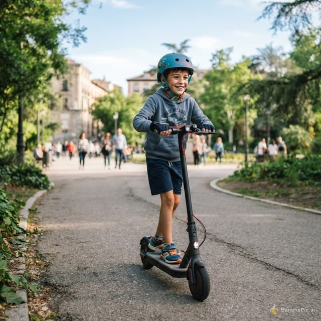 quiero a un chico
 subido en patinete con casco