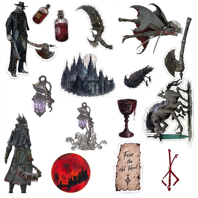 kannst du mir das bild zu einem Stickerbogen machen? es soll alles mit einem weißen Hintergrund sein, noch dazu soll alles aussehen wie auf einem Grafiktablett selbst gezeichnet damit es einheitlich aussieht dabei sollst du dich an dem zeichenstil des Schlosses richten alle bilder sollen ihre farben behalten