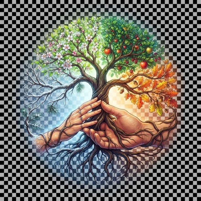 zwei Hände die sich Berühren und in deren Berührungsfläche ein neuer Baum wächst, dien Wurzeln sollen die Hände umschließen und der Baum soll alle Jahreszeiten zeigen und der Hintergrund transparent sein