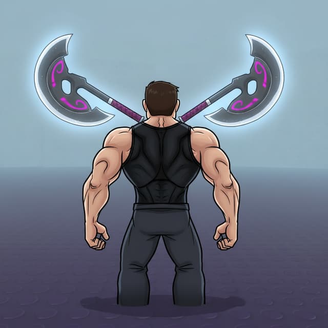 надо одеть этот Crescend Axe показанный на фото на спину этому персонажу
Персонаж должен выглядеть как нарисованный с мышцами, ну как Референс
На спине должно быть 2 подобных оружия и висеть они будут на Силовом Невидимом Поле
То есть словно бы их воздух держит или Невидимый ремни
