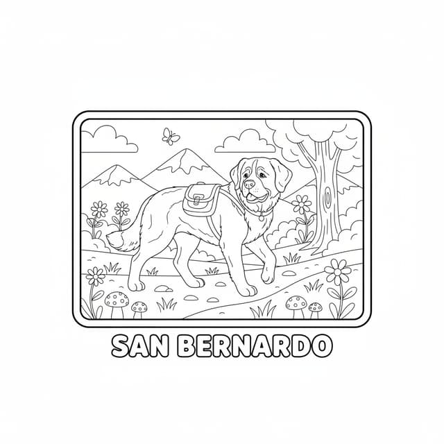 Página de libro para colorear infantil, ilustración lineal en blanco y negro,
solo contornos cerrados y definidos sobre fondo blanco puro. Sin grises, sin
sombras, sin degradados, sin tramas ni punteados, sin texturas oscuras y sin
grandes áreas negras. Dibujo realista y anatómicamente correcto, amable y
adecuado para niños: formas amplias, detalles reconocibles y espacios
interiores suficientemente grandes y fáciles de colorear.

Un único perro protagonista, de cuerpo entero, con anatomía natural y los
rasgos característicos de su raza. Sin caricaturas confusas, sin anatomías
deformes, sin extremidades extra, sin elementos cortados por el borde.

Escena de color atractiva: unos pocos elementos sencillos de entorno
(hierba, flores tipo margarita, hojas, setas, mariposa, arbusto, un árbol,
nubes redondeadas) con contornos cerrados y espacios amplios. Los elementos
de entorno no deben competir con el perro.

Composición: orientación vertical 8,5 × 11 pulgadas, sin sangrado, fondo
blanco, todo dentro del margen seguro, sin tocar ni cruzar los bordes.

Marco: un único marco rectangular de línea negra gruesa (grosor visual 4 mm)
con las cuatro esquinas redondeadas, limpias y uniformes, situado dentro del
margen seguro. Sin marcos interiores ni adornos alrededor del marco.

Texto dentro del marco, centrado en la parte inferior, debajo del dibujo y
sin taparlo: "SAN BERNARDO"en letras grandes, gruesas, legibles y en
contorno hueco (tipo burbuja), con trazos cerrados, blancas por dentro y
listas para colorear. Ortografía y acentos exactos.

Sin numeración de página, sin instrucciones, sin créditos, sin firmas, sin
marcas de agua, sin logotipos y sin ningún otro texto.

Escena: Caminando tranquilo por un sendero alpino con una pequeña mochila decorativa; montañas redondeadas y flores de montaña.
Revisa antes de terminar: exactamente cuatro patas, una sola cabeza, cola completa, cuerpo entero dentro del 
marco, texto escrito letra por letra y sin faltas
mas optimizado para colorear
