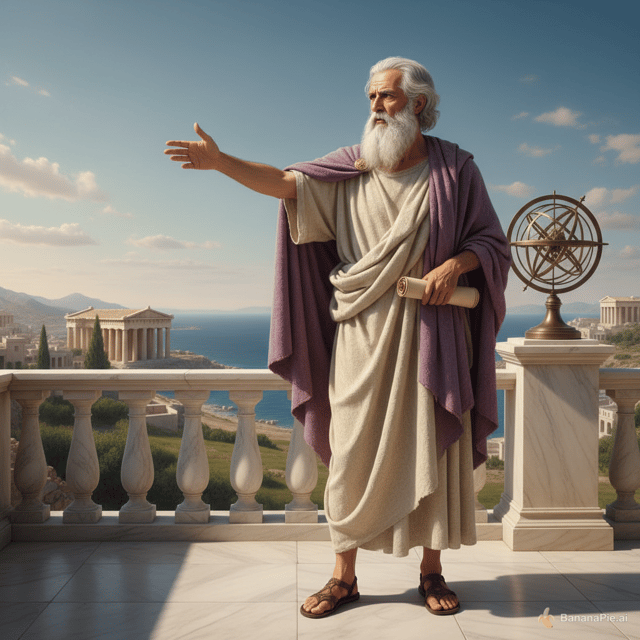 Haz una imagen de anaxímenes de pie enseñando algo a su izquierda (esa cosa que enseña no tiene que salir en la imagen, solo el señalandolo)