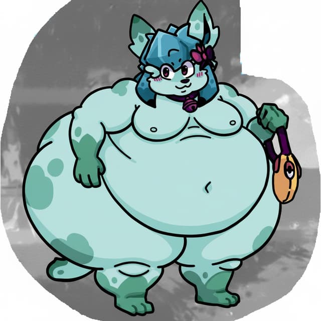 Edit the image to look the female anthro character appear morbidly obese.