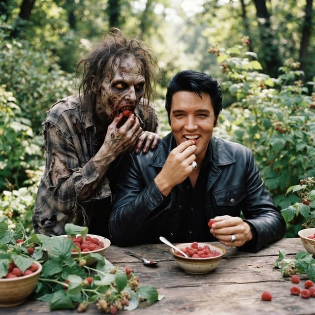 generate elvis presley with a zombie bbehind him while they eat raspberries