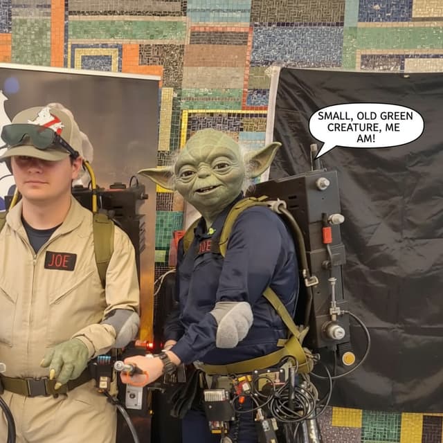 Kannst du bitte diese Person als kleines grünes altes Wesen, welches einer Figur aus den Filmen einer großen Science Fiction Filmreihe ähnlich sieht , welches grammatikalisch falsch spricht, darstellen?