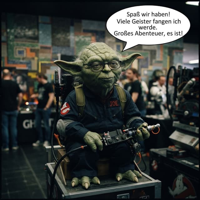 Kannst du bitte diese Person als kleines grünes altes Wesen, welches einer Figur aus den Filmen einer großen Science Fiction Filmreihe ähnlich sieht , welches grammatikalisch falsch spricht, darstellen? Der Kopf und Körper sollen von der Figur sein, das Gesicht als Mashupnbitte von Figur und Person vom Bild