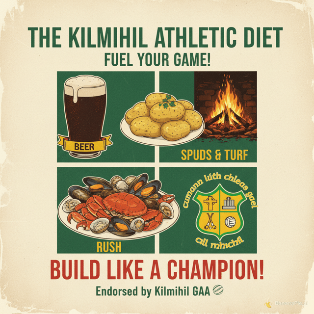 make a diet poster where the diest is rush beer spuds and turf and have a kilmihil football badge in there