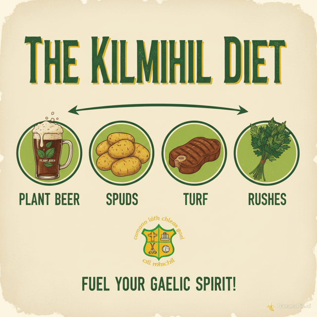 make a diet poster where the diest is rushes the plant beer spuds and turf and have a kilmihil football badge in there