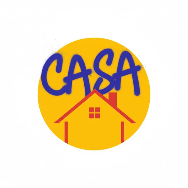Unir estilos en un logo con un sol y dentro la palabra casa con una tipografía azul Klein tipo spray , fondo blanco imagen general
